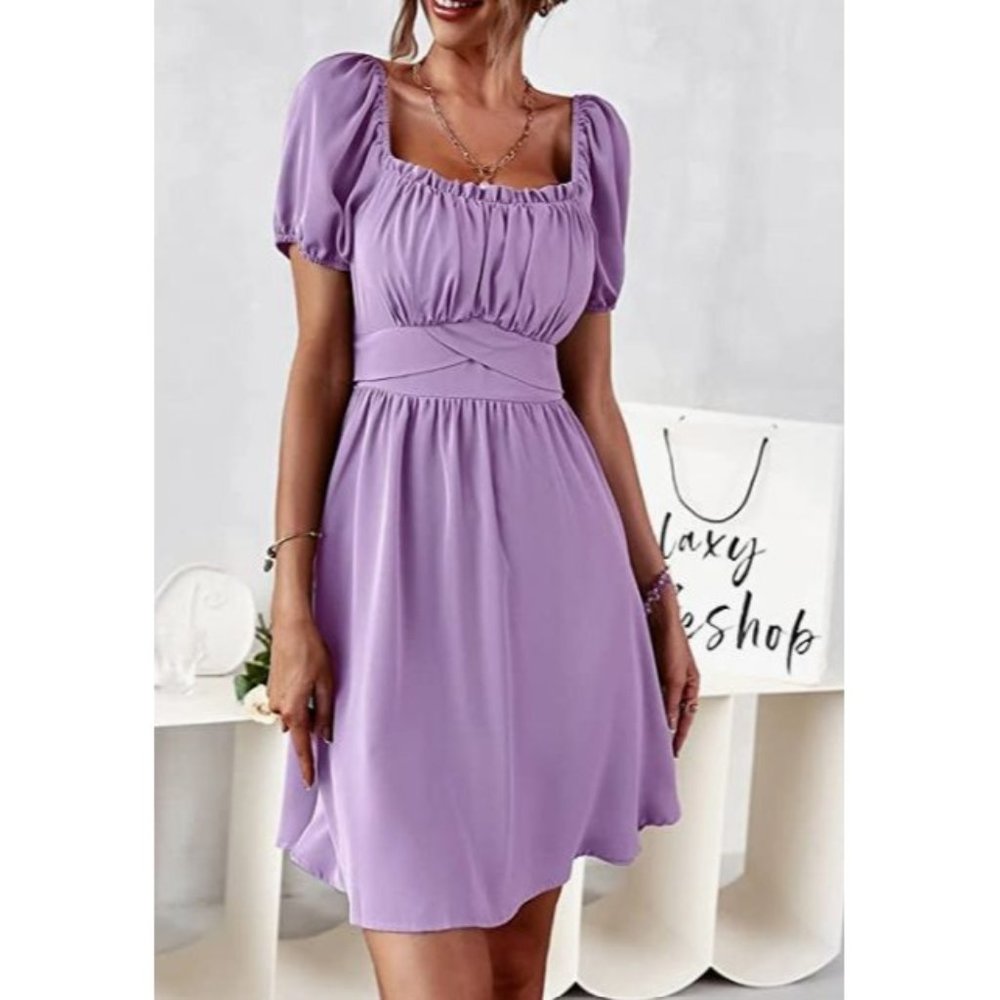 Brovave Off the Shoulder Mini Dress L Purple Short Sleeves Tie Back Elastic NWT